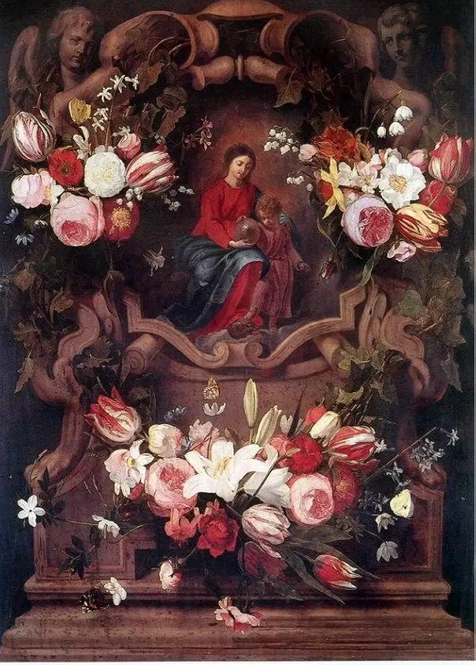 Toperfect 17 Paintings 6gdh042aD13 classical flowers with statue of mother and kids Oil Art on Canvas - Famous Artworks -Size04, $50-$2000 Hand Painted by Art Academies' Teachers