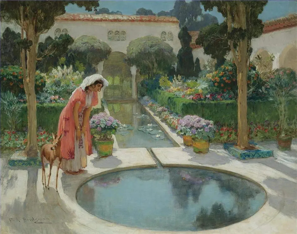 Toperfect 3 Paintings REFLECTIONS Frederick Arthur Bridgman courtyard Arabic woman garden Oil Art on Canvas - Famous Artworks -Size04, $50-$2000 Hand Painted by Art Academies' Teachers