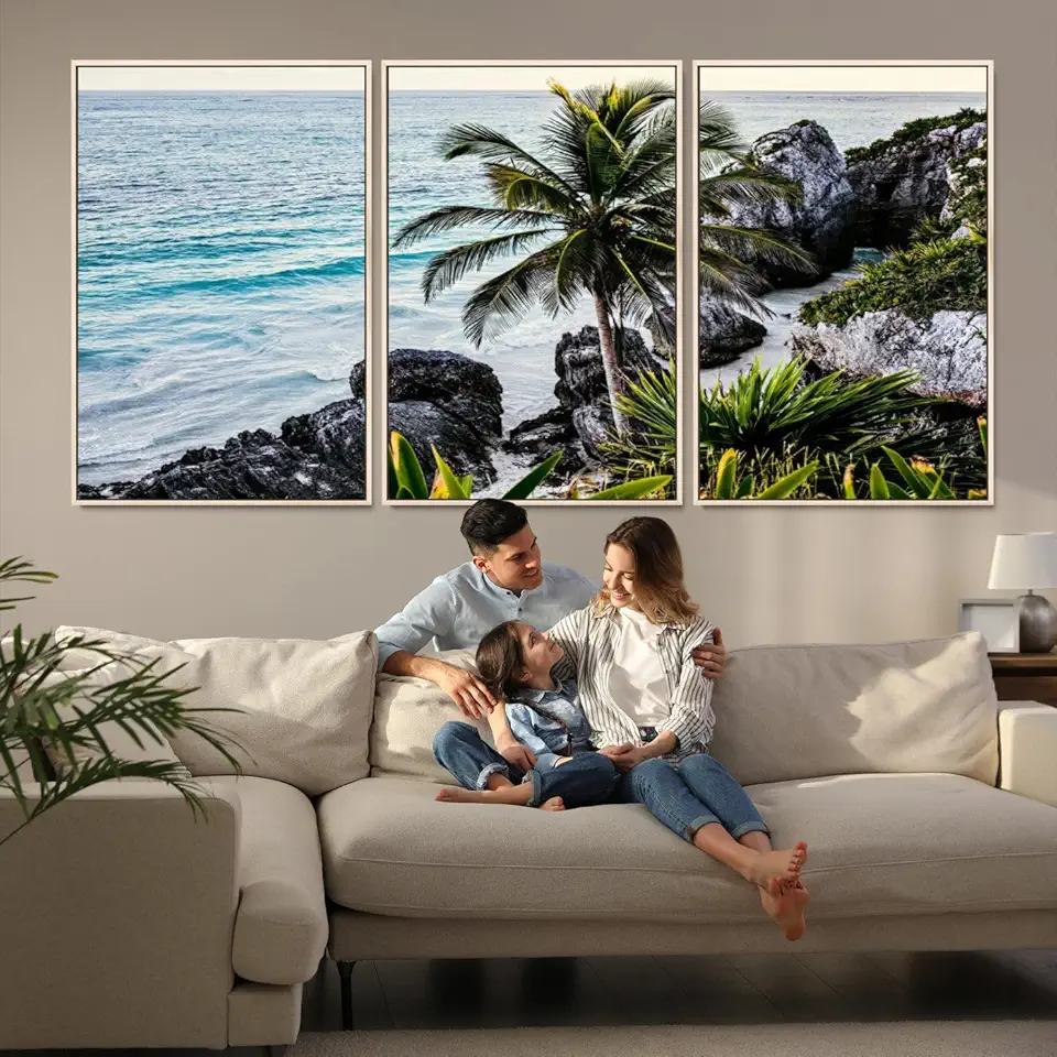Tropical Coastline Wall Art Canvas Print, Framed Palm Tree Art Picture Print, Rocky Beach Perfect 3 Panel Floating Frame/Natural / 90