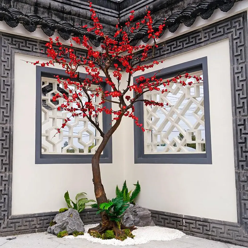 Lifelike Large Artificial Red Plum Blossom Tree Decor Indoor Handmade Wishing Tree Wall Hanging Plum Branch Fake Flowers for Landscaping Living Room Mall Wedding Hotel.(300x300cm/9.8x9.8ft)