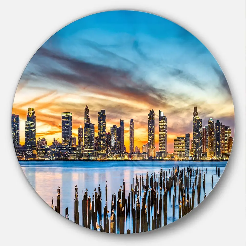 Designart Jersey City Panorama at Sunset-Cityscape Metal Wall Art-Disc of 38, 38x38-Disc of 38 inch, Green