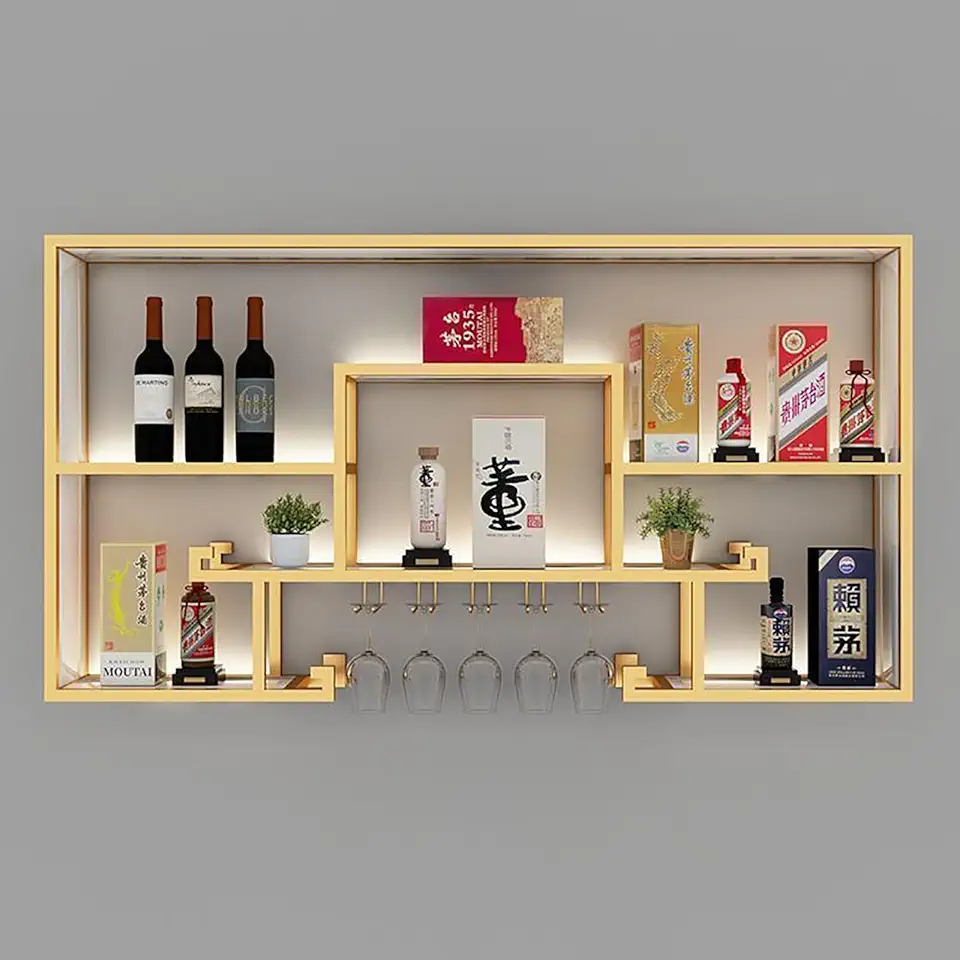 Wall Mounted Wine Rack With Wine Glass Holder Hanging Floating Wall Stemware Holder Shelves With LED Light Modern Iron Art Wine Bottles Storage Display Shelf For Living Room Kitchen Bar(Gold,180cm/70.