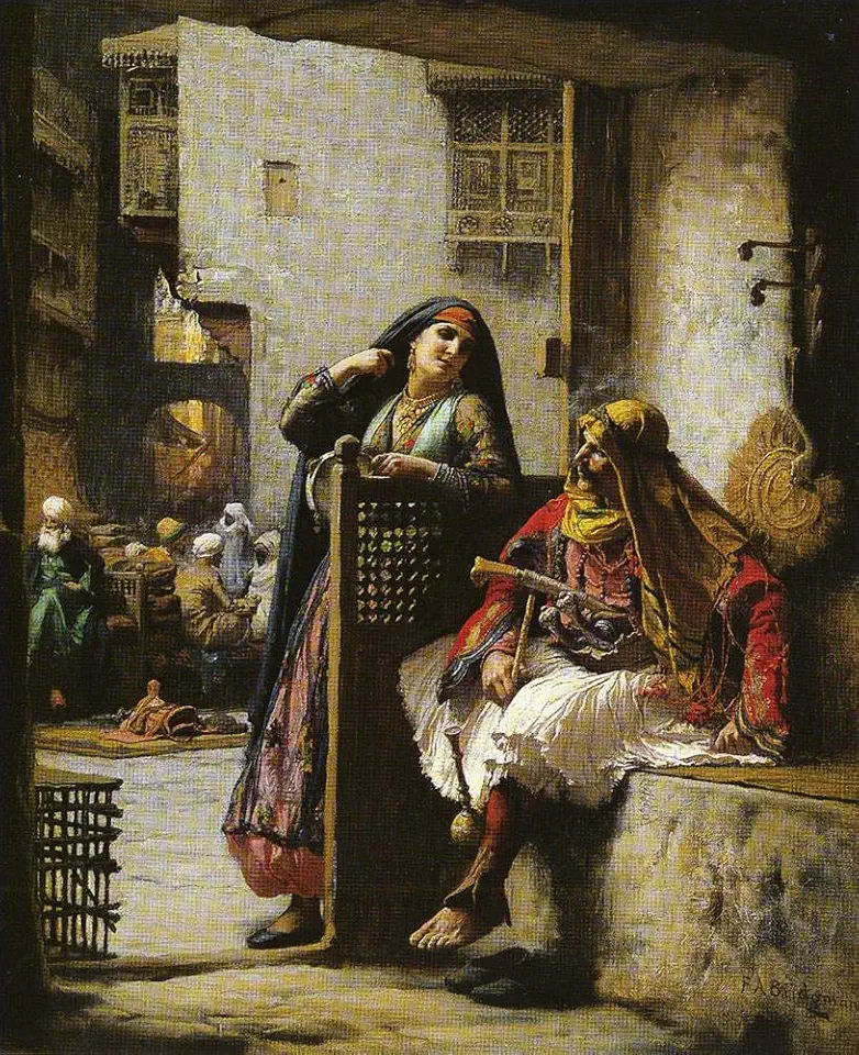 Toperfect 5 Paintings ALMEH FLIRTING WITH AN ARMENIAN POLICEMAN CAIRO Frederick Arthur Bridgman Arab -Size04, $50-$2000 Hand Painted by Art Academies' Teachers