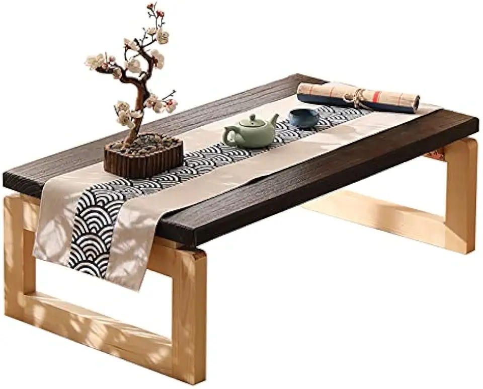 Foldable Solid Wood Coffee Table - Vintage Japanese Dining Table, Portable Low Floor Table for Sitting, Nature Legs (27.6x17.7x11.8 inches)