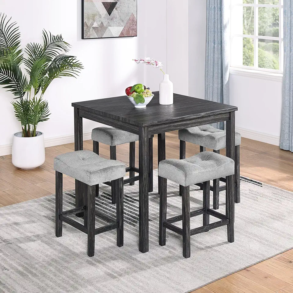 5-Piece Counter Height Kitchen Table Set with 4 Upholstered Stools, Rustic Farmhouse Dining Table Set for 4 - Black+ Gray