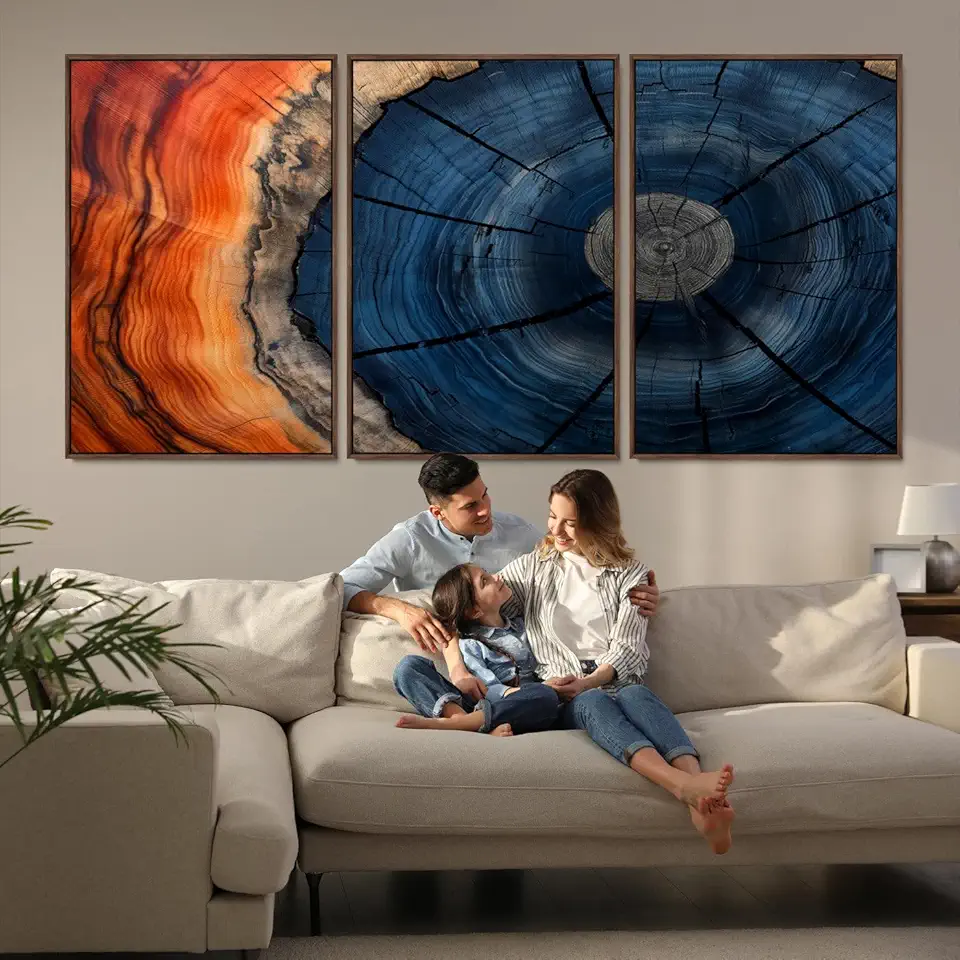 Farmhouse Wall Art - Abstract Tree Rings Canvas Wall Art Print, Framed Wood Grain Rings Artwork 3 Panel Floating Frame/Walnut / 90
