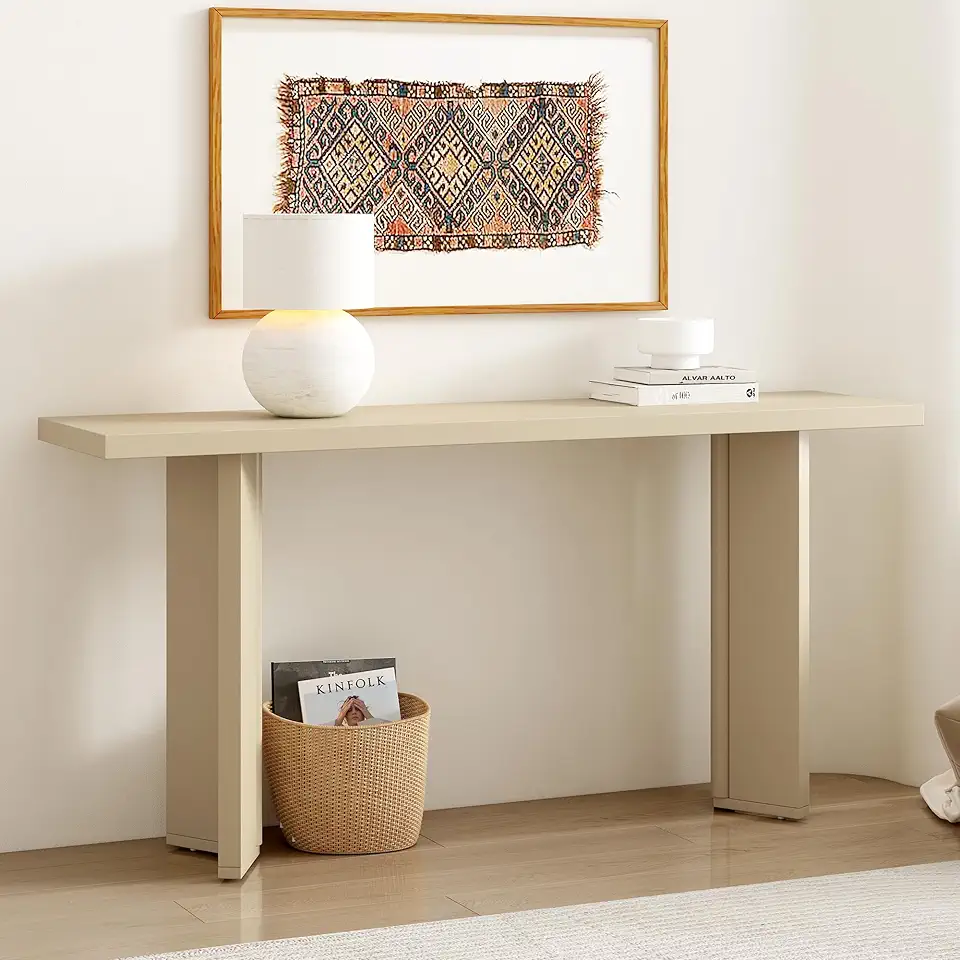 Merax Console Table with Pine Veneer and Geometric Legs,Suitable for Living Room, Study and Dining Room,Beige