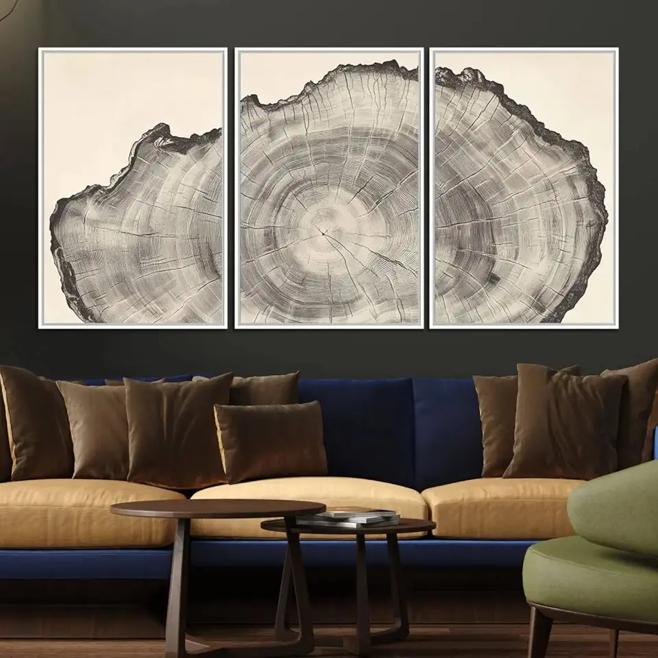 Rustic Tree Ring Wall Art - Nature Wood Style Canvas Print - Minimalist Framed Artwork for Modern 3 Panel Floating Frame/White / 90
