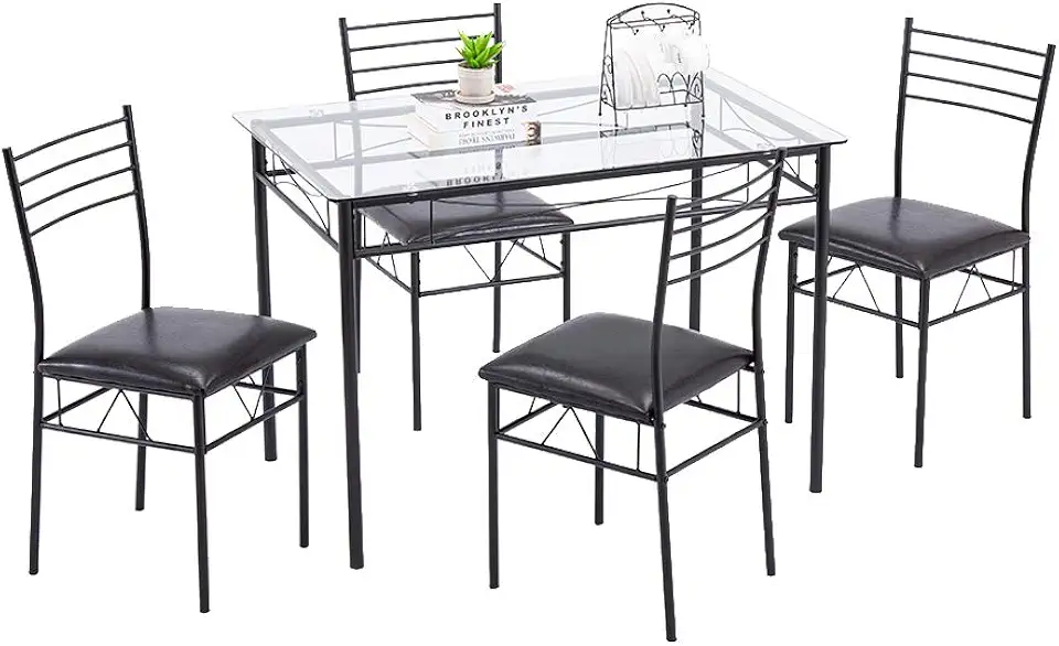 Lykos 5 Piece Dining Table Set Glass Metal with 4 Chairs Kitchen Dining Breakfast Room Furniture (PU Cushion)