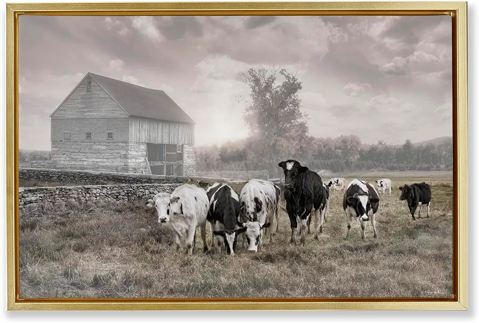 Stupell Industries Cows On The Ranch Gold Framed Floater Canvas Wall Art Design by Robin-Lee Viera, 25 x 17