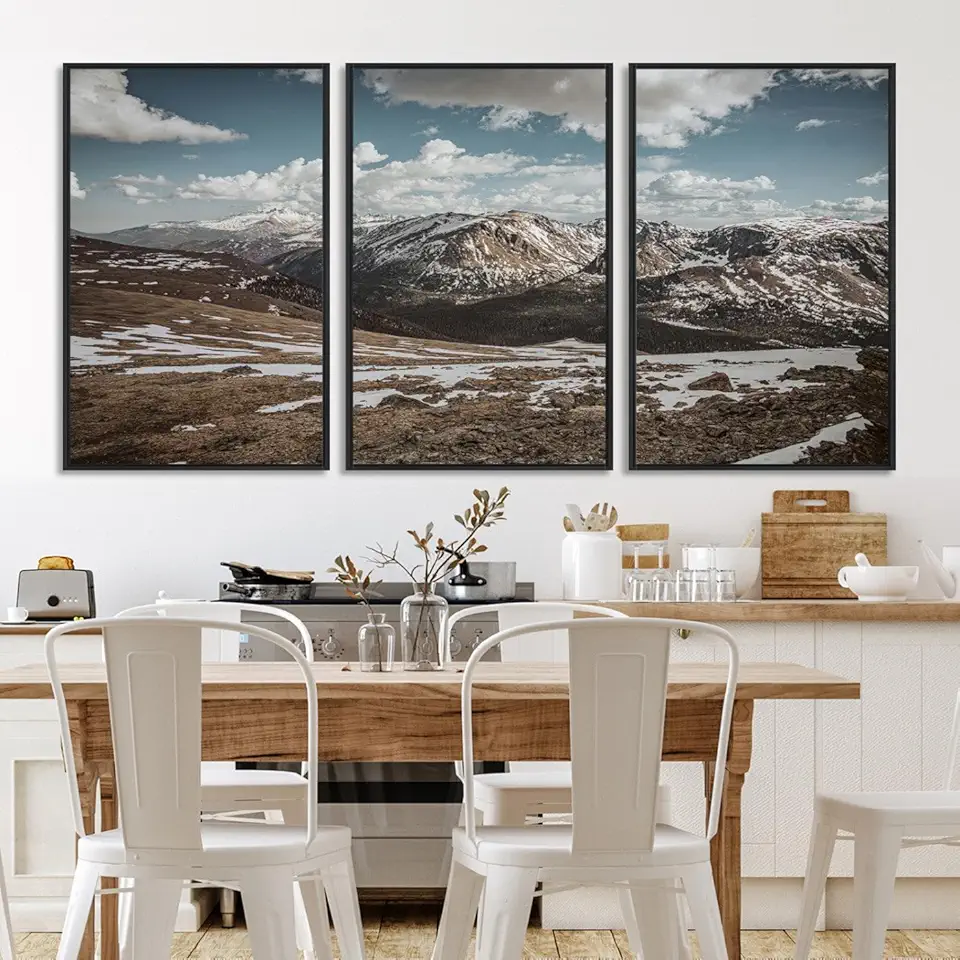 Mountain Landscape Wall Art Canvas Print, Framed Snowy Peaks Art Picture Print, Rugged Highlands 3 Panel Floating Frame/Black / 90