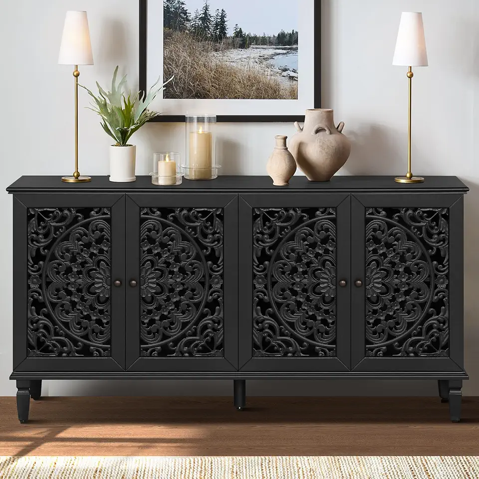 Vintage Sideboard Buffet Table Accent Credenza Storage Cabinet with 4 Hollow Carving Doors Adjustable Shelves Wood Legs for Kitchen Dining Living Room Entryway 60 Inch Antique Black