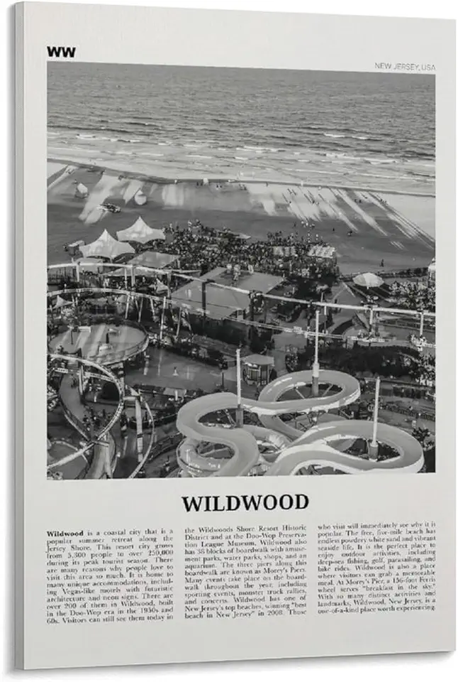 Wildwood Print Black And White, Wildwood Wall Art, Wildwood Poster, Wildwood Photo, Wildwood Wall Décor, Wildwood Map, New Jersey, USA Canvas Wall Art Poster Ready to Hang Framed 24x36inch