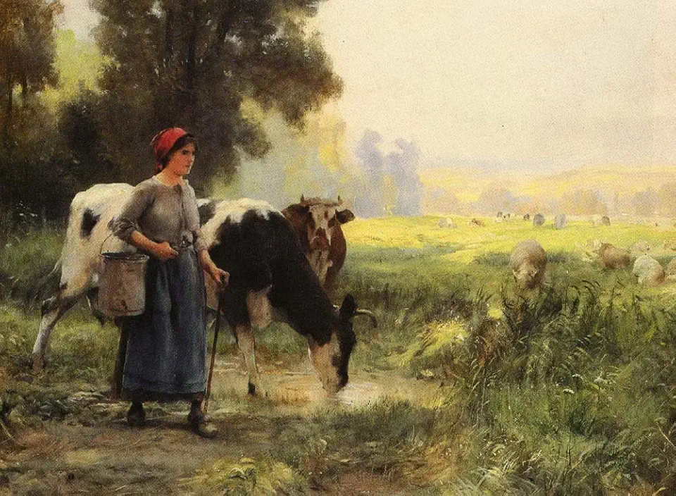 Toperfect 5 Paintings LA VACHERE idyllic countrywoman rural cowherd scenery Julien Dupre Oil Art on Canvas - Famous Artworks -Size04, $50-$2000 Hand Painted by Art Academies' Teachers