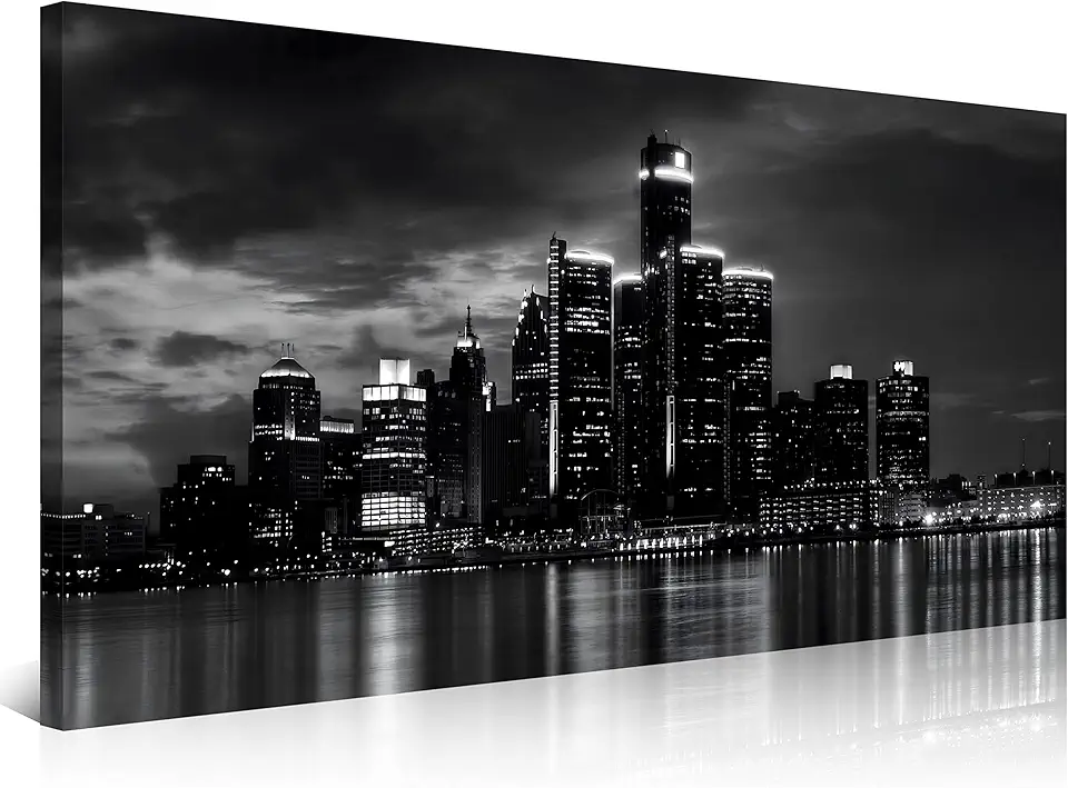 NAN Wind Detroit Skyline Canvas Wall Art Cityscape Night Scene Black & White City Art Print on Canvas Modern Giclee Framed Painting for Room Decor Home Decor Detroit Skyline Picture Prints