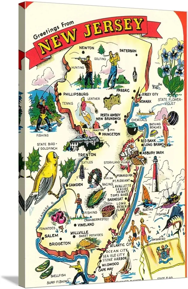 ART.COM Stretched Canvas Print Map of New Jersey with Attractions, 24