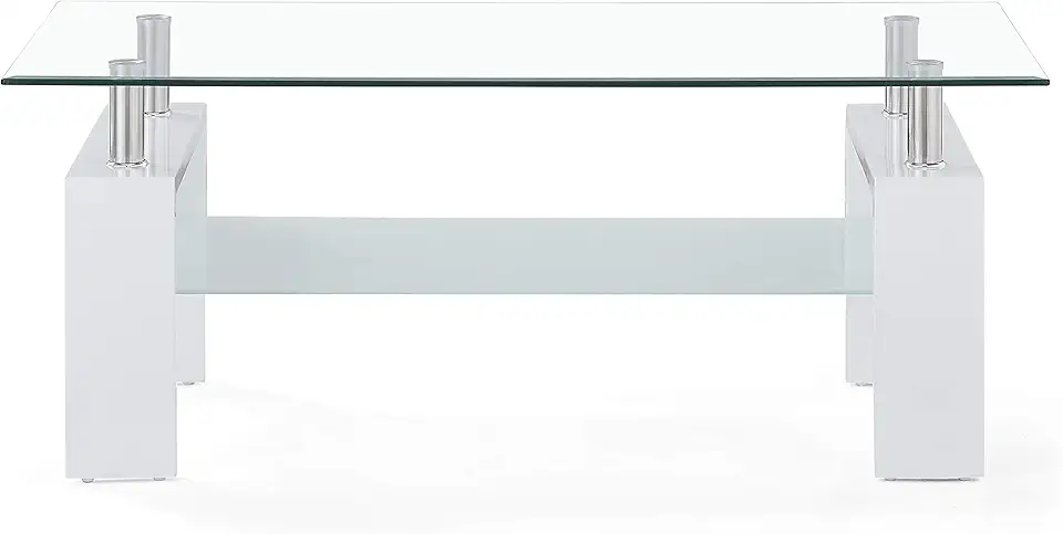 Transparent Coffee Table with 2-Tier, Ample Storage & White Legs, Minimalist Design, Modern Center Table for Living Room, Office