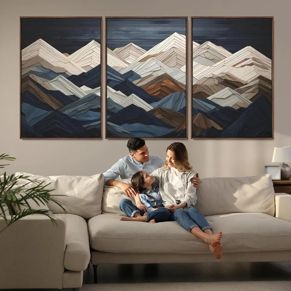 Mountain Range Art Wood Style Wall Art - Ready to Hang 3-Piece Set for Modern Rustic Decor 3 Panel Floating Frame/Walnut / 90
