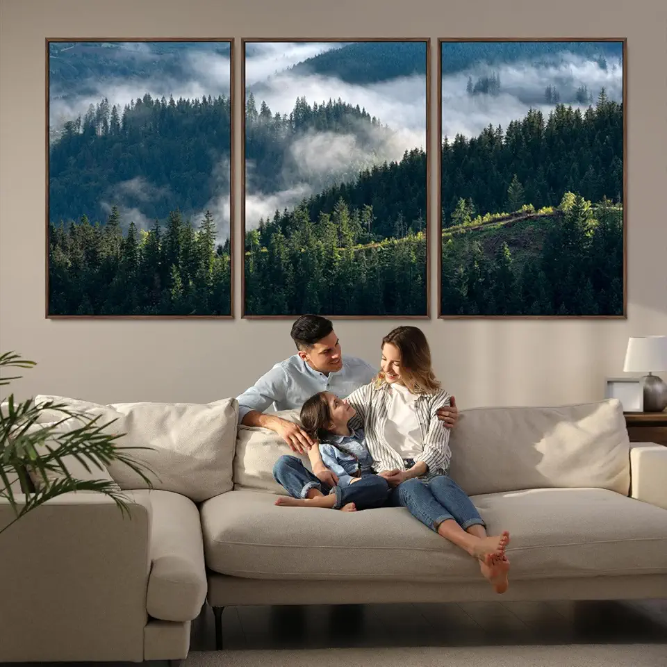 Misty Forest Wall Art Canvas Print, Framed Pine Hills Art Picture Print, Moody Hills Perfect Moody 3 Panel Floating Frame/Walnut / 90