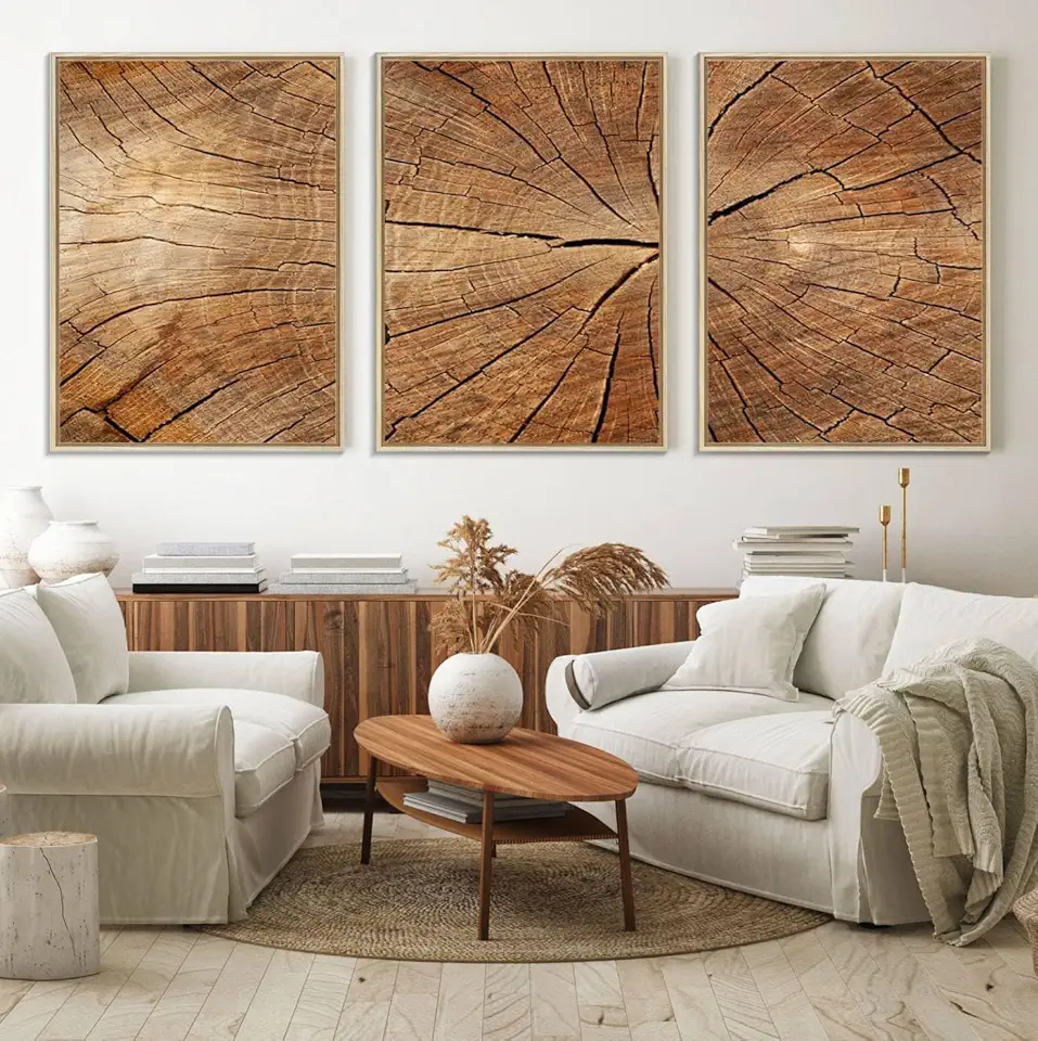 Tree Ring Canvas Art, Rustic Wood Grain Wall Art, Tree Slice Decor for Modern Homes, Giclee Multi-Panel Print, Tree Ring Wall Art Set 3 Panel Floating Frame/Natural / 90