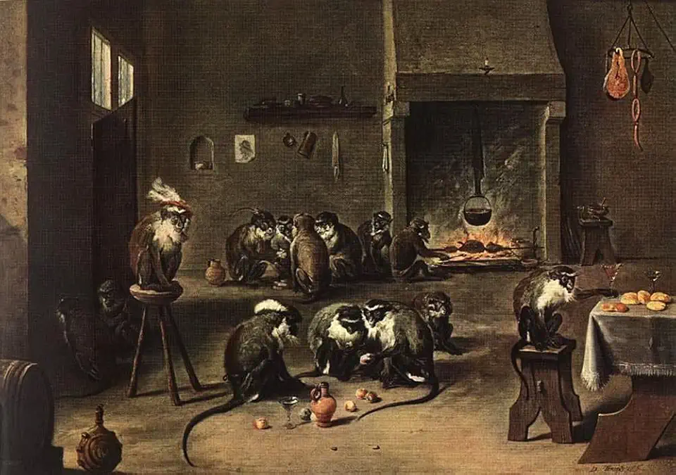 Toperfect 15 Paintings Apes in the Kitchen David Teniers the Younger monkeys in clothes Oil Art on Canvas - Famous Artworks -Size04, $50-$2000 Hand Painted by Art Academies' Teachers