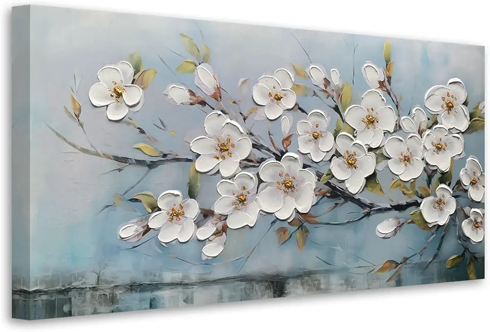 Anolyfi White Textured Flowers Wall Art for Living Room Canvas Painting, Modern Elegant Landscape Wall Art for Dining Room Bedroom Hallway Kitchen Office Home 48