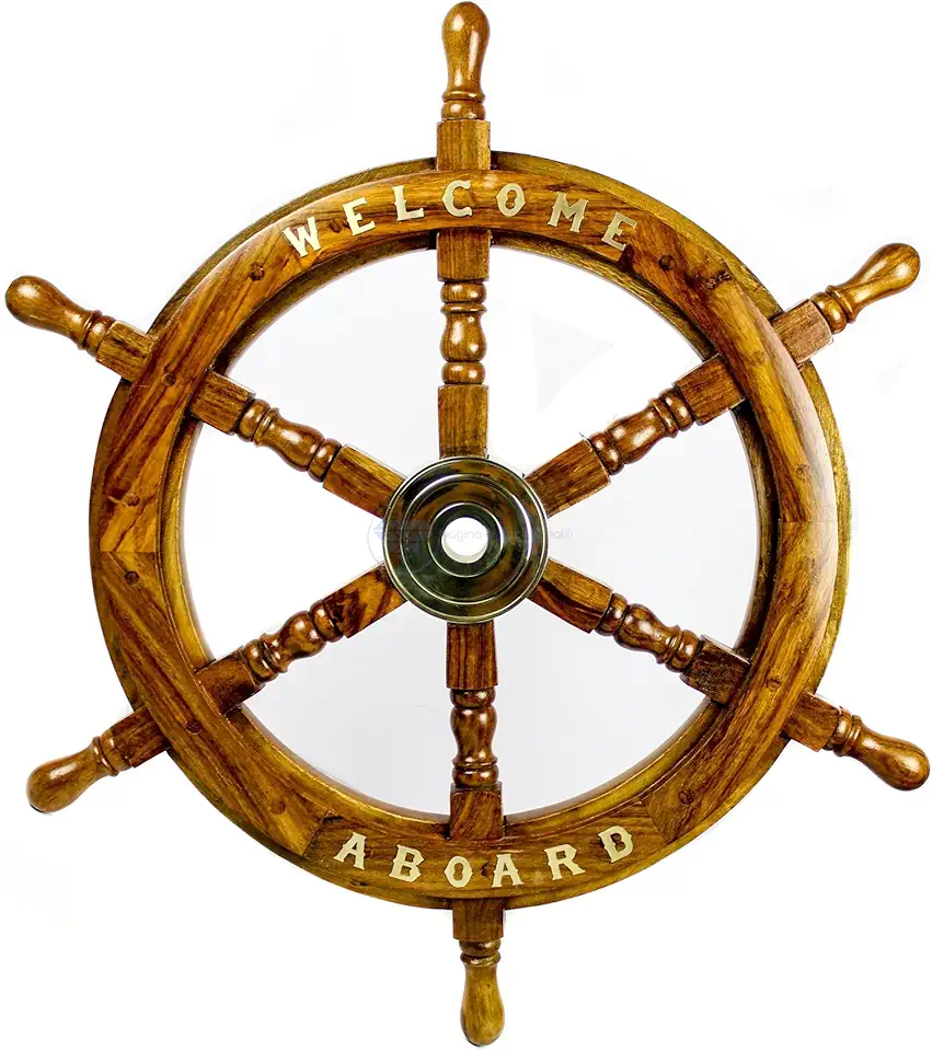 Nagina International Welcome Aboard Embedded Premium Handcrafted Nautical Pirate's Wall Decor Ship Wheel (72 Inches, Wooden Handle)