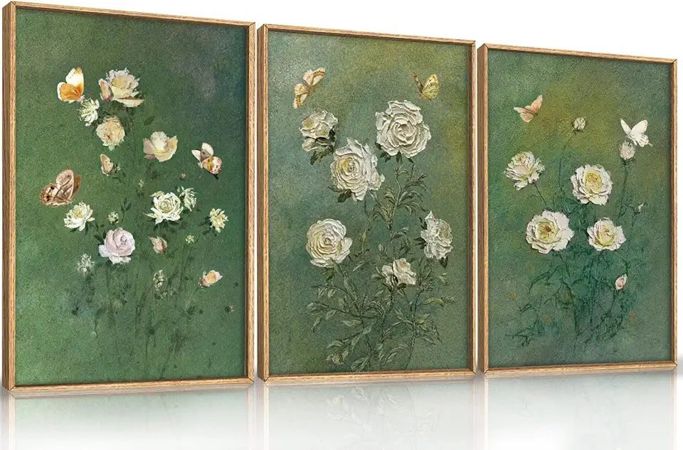 LHIUEM Vintage Moody White Roses Framed Canvas Wall Art,Abstract Flower Green Wall Decor,Nature Floral Butterfly Wall Painting,Aesthetic Blossom Artwork for Living Room,Dining Room,Office-16 x24 x3