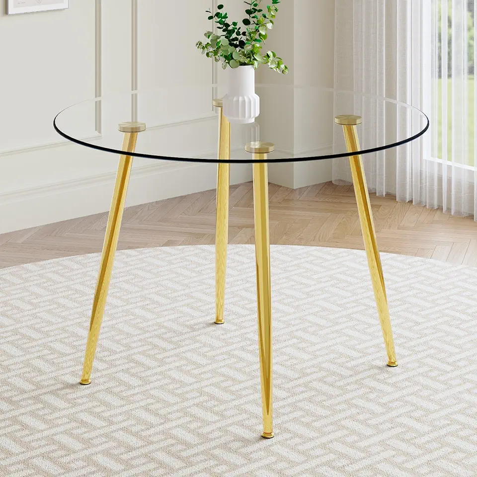 Round Glass Dining Table with Tempered Glass Tabletop, Modern Glass Dining Room Table Glass Kitchen Table with 4 Golden Metal Legs for Dining Room Kitchen Living Room (Gold, 42'')