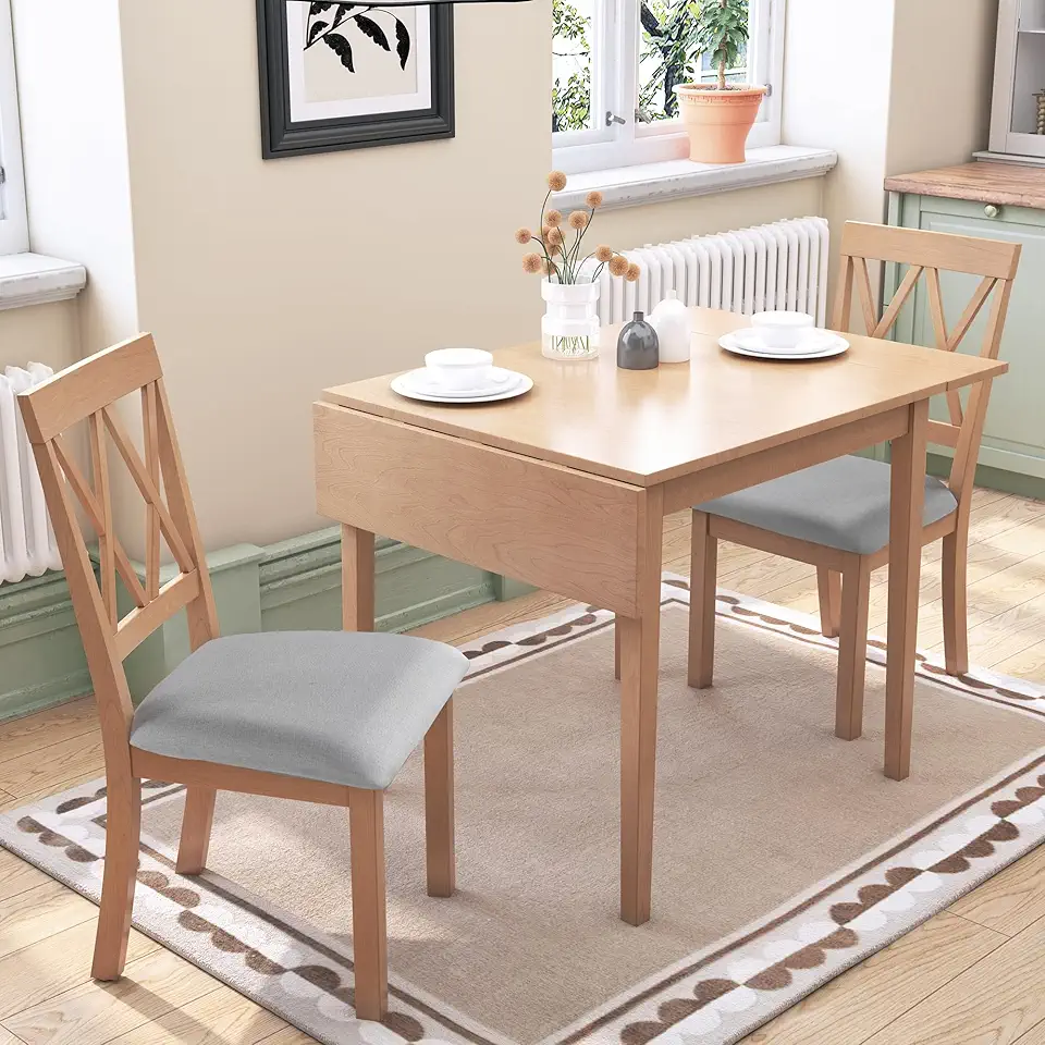 Harper & Bright Designs 3-Piece Wood Drop Leaf Dining Table Set with 2 X-Back Chairs, Space-Saving Breakfast Nook Dining Set, Natural + Grey Cushion
