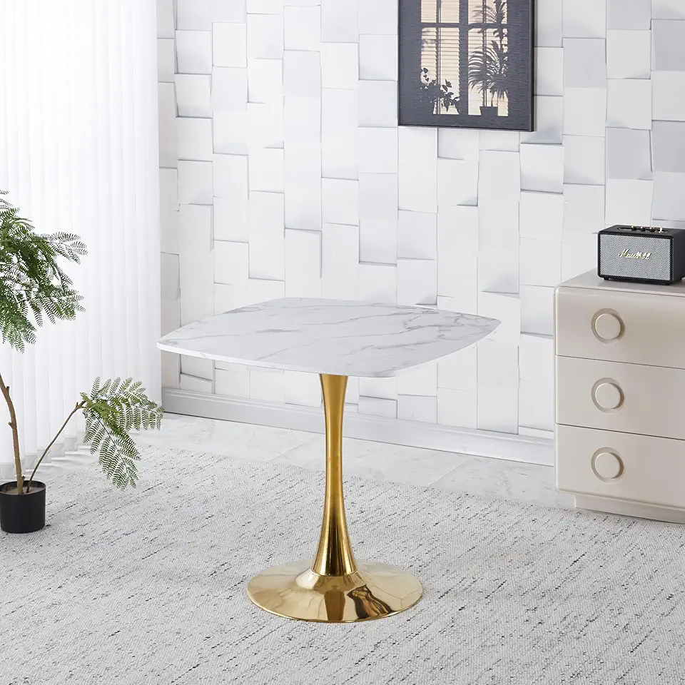 31.5 Inch Square Tulip Dining Table for 2-4 Persons, Modern Mid-Century Kitchen Table with White MDF Top & Golden Metal Pedestal Base, Living Room, Apartment, Bistro Cafe (White & Gold)