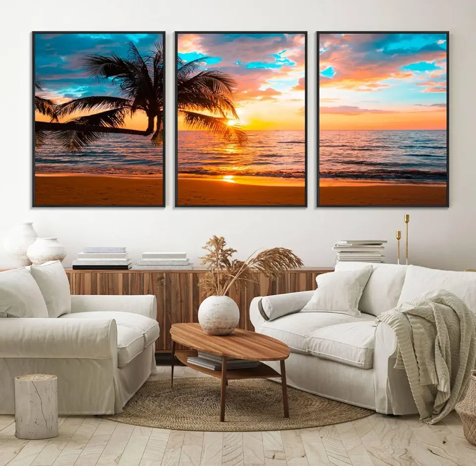 Palm Tree Sunset On The Beach Wall Art Canvas, Framed Palm Tree Sunset Canvas Print 3 Panel Floating Frame/Black / 90
