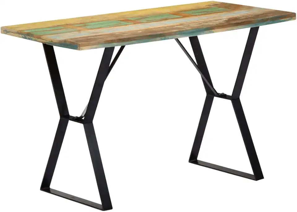 Multicolour Industrial Dining Table, Solid Reclaimed Wood, Powder-Coated Iron Frame, 47.2x23.6 Inch, Rectangular, Easy Clean Lacquered Finish, Durable for Kitchen & Dining Room