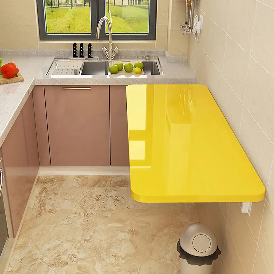 Floating Wall Mounted Drop Leaf Table Kitchen & Dining Desk Heavy Duty Laundry Room Desk Load Capacity 70kg Small Space Saving Foldable Wall Desk Yellow 60x30cm