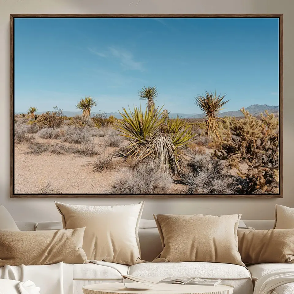 Joshua Tree Wall Art Canvas Print – Framed Desert Landscape Warm Earth Tones Southwestern Minimalist Artwork for Home, Office 3 Panel Canvas Print/Gallery Wrapped / 90
