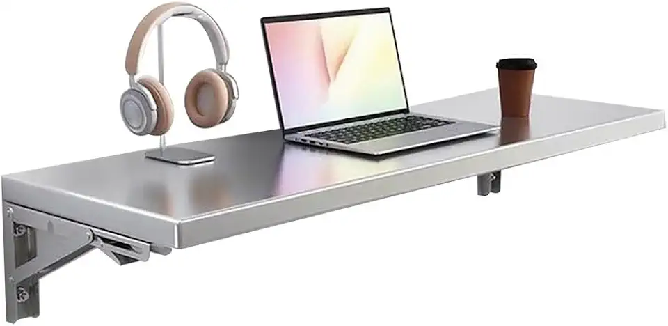 Floating Desk Stainless Steel Wall Mounted Folding Table with Brackets Computer Desk for Small Spaces, Laundry, Kitchen Dining Table(120x40cm)