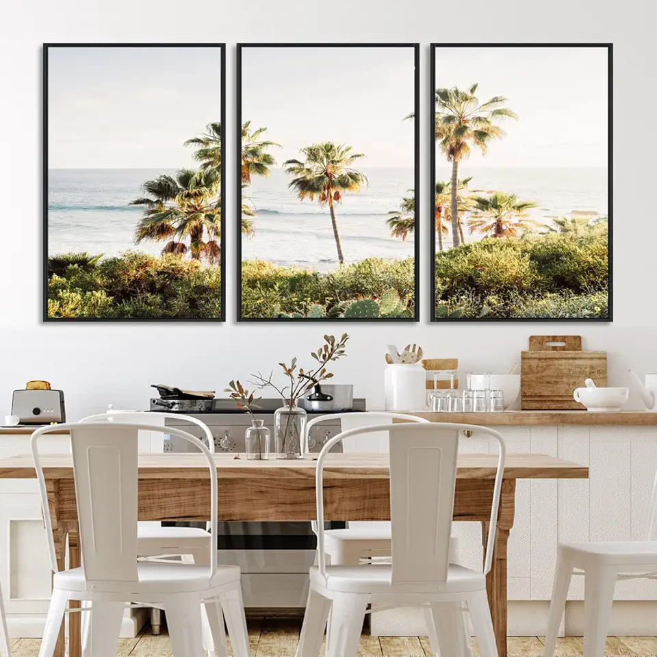 California Coast Wall Art Canvas Print, Framed Palm Trees Art Picture Print, Coastal Landscape 3 Panel Floating Frame/Black / 90