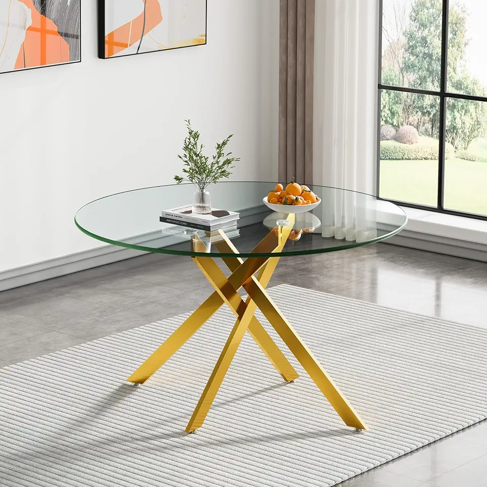 SSLine 47'' Round Glass Dining Table,Glass Kitchen Dining Table for 6 with Metal Legs for Kitchen Apartment