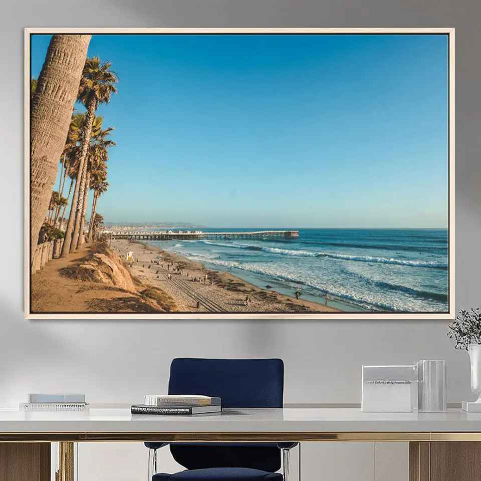 Sami Eymur Scenic Beach Wall Art Canvas Print – Tall Palm Trees, Sandy Shore, Long Pier Stretching into Calm Ocean Artwork for Home, Office 3 Panel Canvas Print/Gallery Wrapped / 90