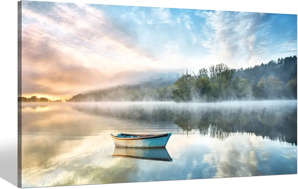 Lake Landscape Wall Art Canvas: Modern Nature Picture Painting Relaxing Boat Scene Photography Sunrise Print Artwork Decor for Bedroom Living Room