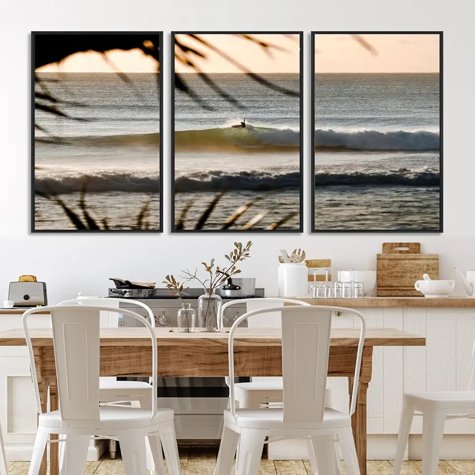 Sunset Surf Wall Art Canvas Print, Framed Golden Hour Art Picture Print, Waves Perfect Boho Decor, 3 Panel Floating Frame/Black / 90