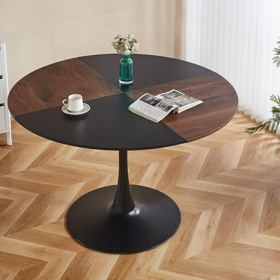 47.2 Inch Round Dining Table, Sturdy MDF Top and Metal Legs, Versatile Use for Dining or Office, Brown