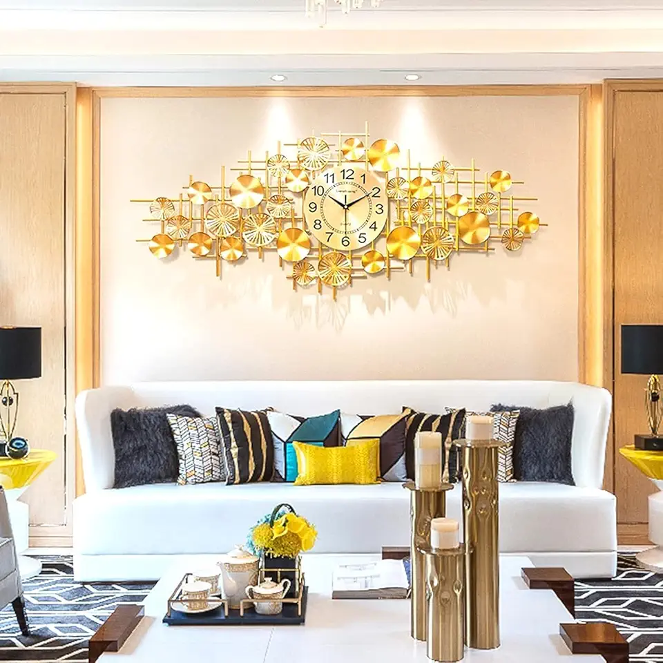 Wall Clock Wall Clock Modern Art Decorative Clock Modern Metal Dial Wall Clock, Battery Operated Silent Decorative Clock, for Living Room, Bedroom, Dining Room, Hotel,Gold,100x45cm