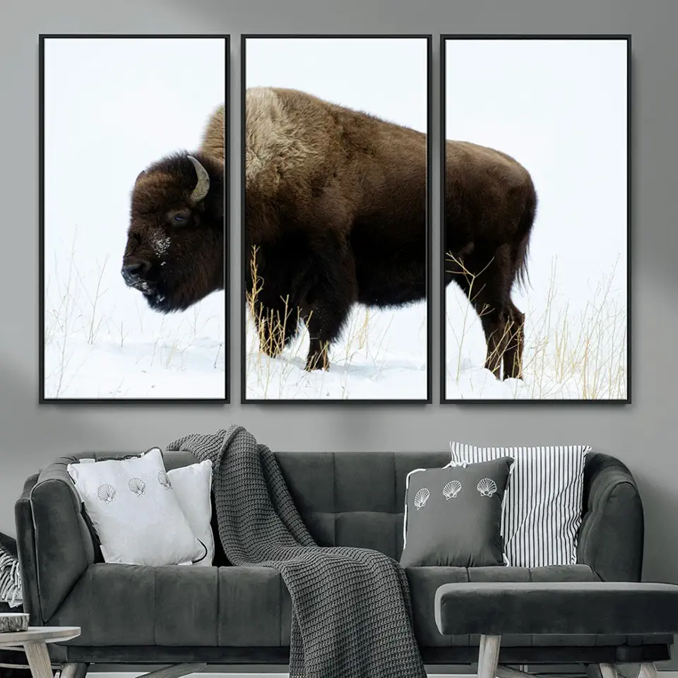 Bison Wall Art Canvas Print – Framed Western Wildlife Buffalo Snow Rustic Nature Scene Artwork for Home Office 3 Panel Canvas Print/Gallery Wrapped / 90