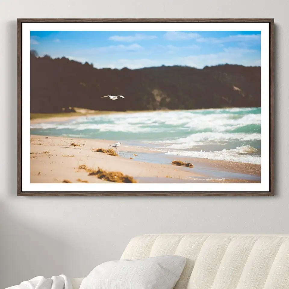 Tranquil Beach Scene Wall Art Canvas Print – Framed Blue Ocean Waves Sandy Shore Coastal Nature Artwork for Home Office 3 Panel Floating Frame/Walnut / 90