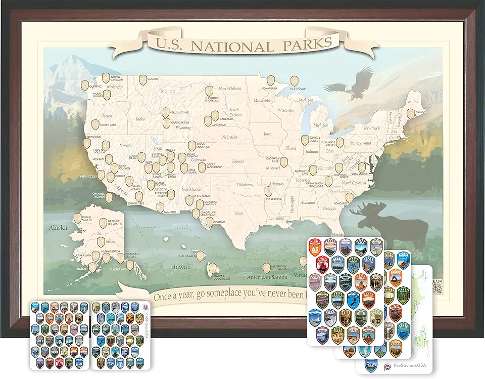 Sponsored Ad - ProStickersUSA National Parks Map Push Pin, 3D Domed Stickers, 1 x 1.5 inch, Canvas Wall Art, Mahogany/Black Frame, 28 x 19 inches