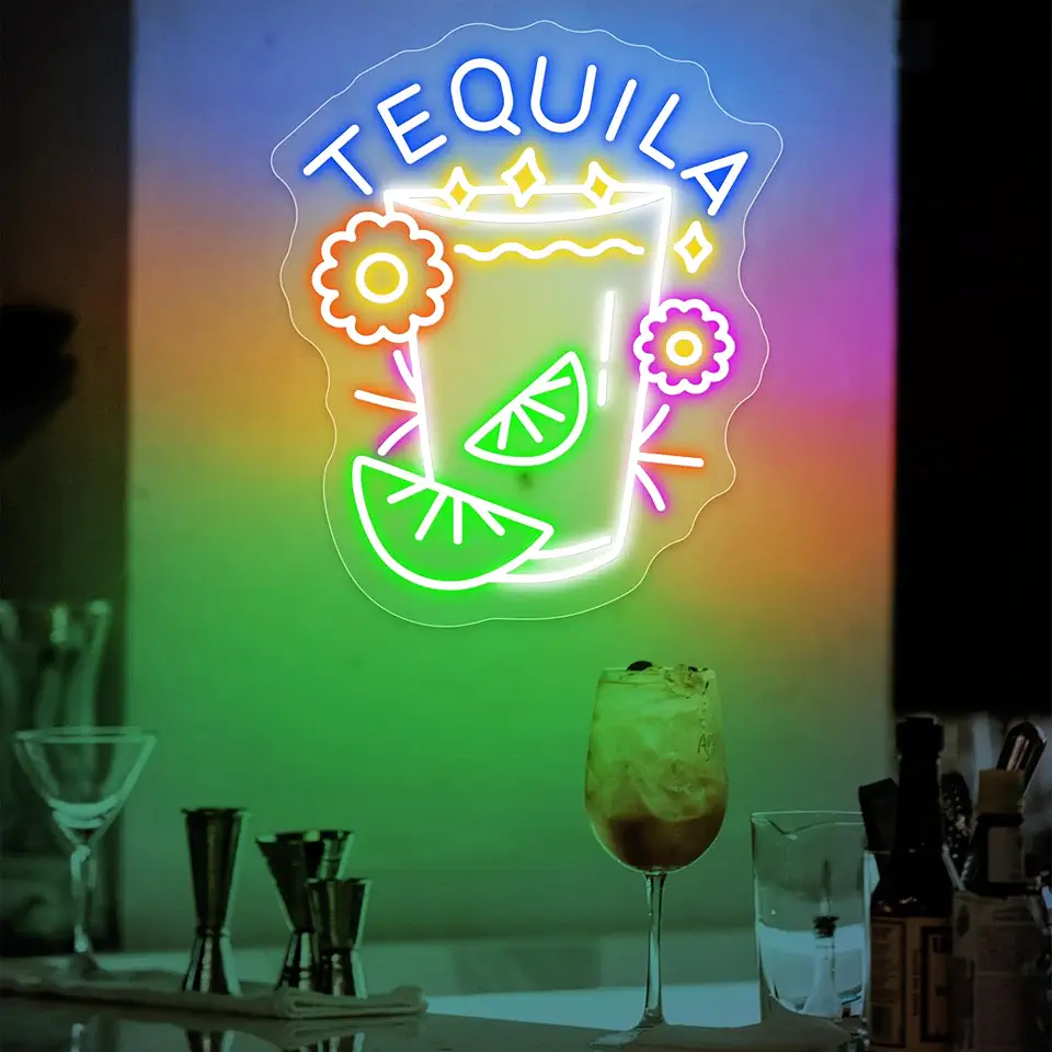 Tequila Neon Sign LARGE Size Remote Included – LED Cocktail Glass Wall Light Bar Decor for Home, Party, Kitchen, Pub – Colorful Neon Wall Art (Blue Tequila - 32x40