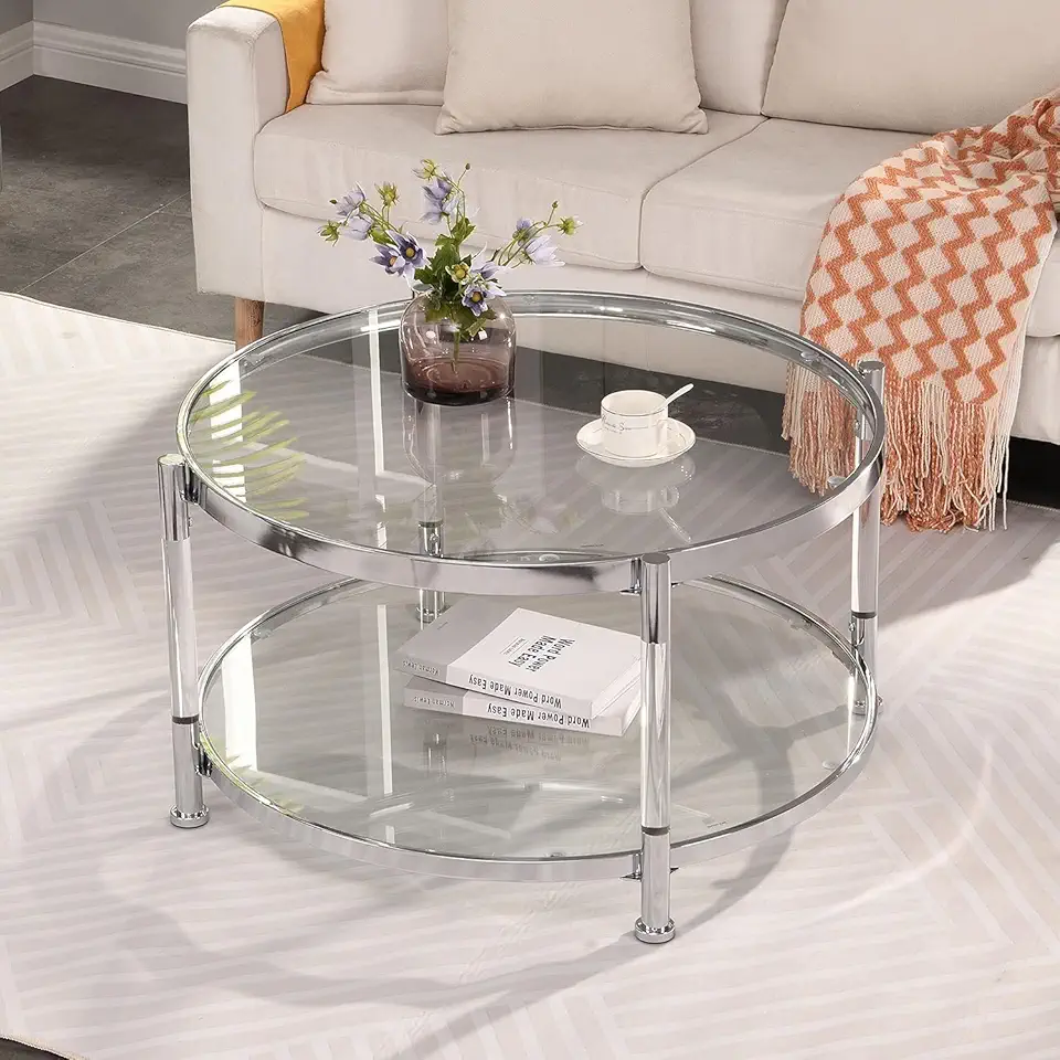 Modern Acrylic Coffee Table, 32.3 Inch Round Tempered Glass Cafe End Table, Double Layer Chrome Tea Table Compatible with Living Room, Silver, Dining Table