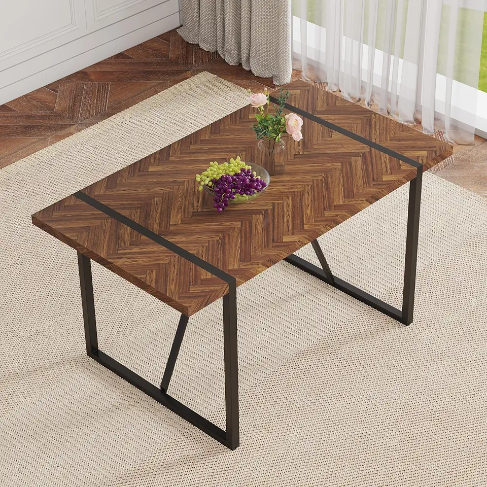 Stylish Minimalist Dining Table with Dark Wood Texture and Black Legs