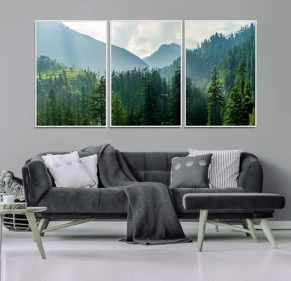 Misty Forest Mountain Canvas Print – Serene Nature Wall Art, Tranquil Valley 3 Panel Floating Frame/White / 90